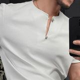 Riolio  Men T-Shirt Slim Casual Henley V-Neck Tshirt Streetwear Fashion Youth Campus Breathable Short-Sleeve Top Men'S Clothing New