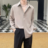 Riolio  New England Men's Shirt Advanced Luxury Silky Drape Shirt Long Sleeve Solid Color Hidden Button Loose Casual Inner Shirt