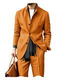 Riolio  Men's Linen Blend 2 Piece Suit Set Stand Collar Three Button Breathable Casual Blazer Pants For Business Daily Wear Summer