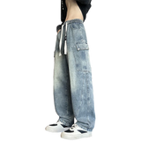 Riolio  Straight Leg Jeans Elastic Waist 2025 New Patchwork Design Utility Cargo Pants Men Big Side Pockets Autumn Workwear Trousers