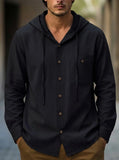 Riolio  Men's Casual Button Down Hooded Shirt Long Sleeve Cotton Blend Drawstring Top with Pocket