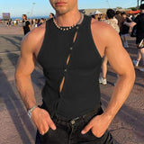 Riolio Irregular Button Down Solid Color Tank Tops Men Casual Sexy Tight O Neck Sleeveless Cardigan Tees Vintage S-5XL Summer