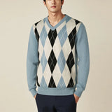 Riolio New Japanese Retro Men Sweater Luxury Trendy Plaid Patchwork V Neck Knit Solid Color Pullover Leisure Loose Long Sleeve Knitwear