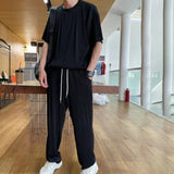 Riolio Summer 2 Piece Set Men Solid Men's Clothes Ice Silk Draped Short Sleeve Tops Long Pants Loose Tracksuit Casual Draping Suits 4XL