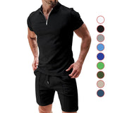 Riolio New Men's Suit Summer Casual Sportswear Waffle Solid Color Loose Lapels T-shirt and Shorts Two-Piece Set Free Shipping