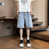 Riolio Summer Baggy Ripped Jorts For Men Y2K Streetwear Denim Shorts Retro Casual Shorts Pants Wide Leg Straight Blue Bermuda Jean