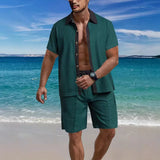 Riolio  Summer Fashion Men Sets Waffle Splicing Color Outfits Short Sleeve Shirt And Shorts Trend Two Pieces Sets Men Casual Loose Suit