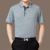 Riolio  Summer Middle-aged Elderly Men's Trend Lapel Button Printed Geometric Striped Pullover Casual Loose Short Sleeved T-shirts Tops