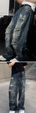 Riolio Mens Loose Fit Straight Leg Jeans Dark Blue Ripped Distressed Trendy Streetwear Fashion Casual Urban Denim Pants Hip Hop Style
