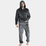 Riolio Mens Winter Fleece Warm Pajama Set Soft Home Solid Color Pockets Hooded Pullover Tops And Pants Thick Plush Sleepwear Homewear