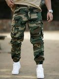 Riolio  Men Camo Print Cargo Pants With Flap Pockets And Drawstring Waist Streetwear Long Pants