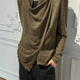 Riolio  Mens Drape Cowl Neck Asymmetric Layered Top Shoulder Buckle Slim Summer Streetwear Fashion Vintage Youth Long Sleeve  T Shirt