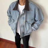 Riolio  New Autumn Winter Men Denim Jacket Color Block Collar Fashion Large Pockets Outdoor Casual Coat Streetwear Trending Outerwear