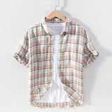 100% Pure Linen Short Sleeve Shirt for Men Summer New Turn-down Collar Tops Mens Fashion Clothing Trends Plaid Hemp Shirt