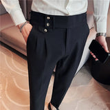 Riolio British Style Spring New Solid Business Casual Suit Pants High Waist Button Men Formal Pants High Quality Slim Office Trousers