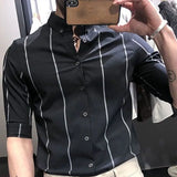 Riolio  Autumn Thin Fashion Trend Stripe Slim Fit Non Ironing Medium Sleeve Vertical Collar Versatile Style Business Men's Shirt