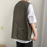Riolio  Pure Cotton Summer Men New High Street Multiple Pockets Solid Color Workwear Coat Loose All-match Kam Shoulder Sleeveless Tops