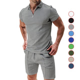 Riolio New Men's Suit Summer Casual Sportswear Waffle Solid Color Loose Lapels T-shirt and Shorts Two-Piece Set Free Shipping