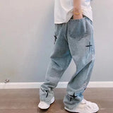 Riolio  Men's Trendy Cool Style Blue Denim Pants Baggy Wide Leg Streetwear Trousers Cross Star Sticker Embroidery Design Jeans Male