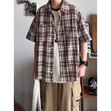 Riolio  New Men's Color-blocking Retro Plaid Shirt Lapel Teenager