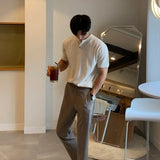 Riolio New Fashion Korean Style Men T-shirt Light Luxury Knitted Henry Collar Tops Casual Solid Color Short Sleeve Breathable Knitwear