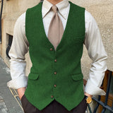 Riolio  Men Vest Blue Herringbone Solid Color Single Button Waistcoat For Wedding Business Banquet Work Formal Men Suit Vest