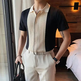 Riolio  Korean Summer Men Knitted Shirts Streetwear Fashion Male Clothes New Contrast Color Slim Fit Short Sleeve Business Casual Tops