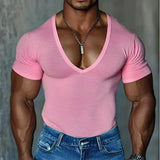 Riolio  Summer Men's T-shirts Deep V Neck Solid Color Gym Muscle Fitness Undershirt Tee Tops Short Sleeve T Shirt For Men Clothing