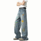 Riolio  Washed Embroidered Jeans Loose Fit Straight Wide Leg Casual Denim Pants Fashion Trendy Streetwear Trousers Comfort