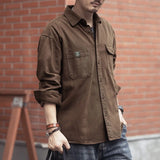 Riolio  Spring and Autumn New American Retro Tooling Brown Shirt Men's Long-sleeved Loose Casual Multi-pocket Shirt