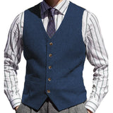 Riolio  Men Vest Brown Herringbone Solid Color V Neck Waistcoat For Wedding Business Banquet Work Formal Daily Casual Men Suit Vest