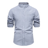 Riolio Solid Color Striped Men's Shirts Single Pocket Stand Collar Long-sleeved Shirts for Men New Spring Social Shirts Men