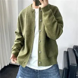 Riolio Man Clothes Round Collar Plain Knitted Sweaters for Men Crewneck Solid Color Cardigan Green Black Japanese Harajuku Fashion Neck