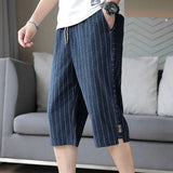 Riolio  Line Men Summer New Fashion Loose Cotton and Line Thin Straight Casual 7-Cut Shorts