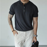 Riolio New Fashion American Style Men T-shirt Light Luxury Knitted Henry Collar Tees Casual Solid Color Short Sleeve Breathable Tops