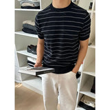 Riolio  Men Crew Neck Striped Knit Short Sleeve T Shirt Loose Old Money Style Breathable Casual Summer Basic Top