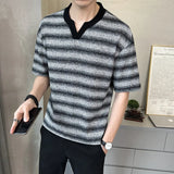 Riolio  Fashion Men Striped Contrast Color Loose Knit Sweater T-shirts Trendy Casual Short Sleeves Pullover Male Summer