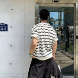 Riolio Summer Men's Knit Jacquard Short Sleeve T-shirts Striped Hollow Out Casual Tshirts New Y2K Vintage Streetwear Tee Tops