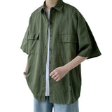Riolio Working Pocket Solid Color Pure Cotton Short-sleeved Shirt Fashionable Summer Lapel Button Functional Half-sleeved Cardigan