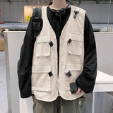 Riolio  Men's Retro Military Vest Loose Fit 100% Cotton Jacket with Multiple Pockets Japanese Hip Hop Streetwear for Outdoor Activities