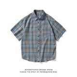 Riolio Checkered shirt men's summer casual loose jacket American trend thin style couple daily versatile retro plaid short sleeve shirt