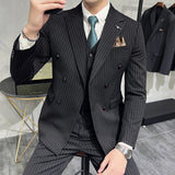 Riolio  ( Blazer+Vest+Pants ) Groom Wedding Male Suit Luxury Brand Fashion Striped Men's Casual Business Office Double Breasted Suit