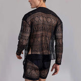 Riolio men summer outfits Hollow Out Sexy Lace Suit Fashion Long Sleeve Shirt Casual Shorts Men'S Clothing Suit Solid Color Matching Summer Suit For Male