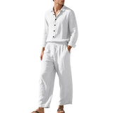 Riolio  American Four Seasons Linen Men's Casual Loose Beach Sunscreen Long Sleeve Shirt Pants Set
