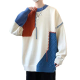 Riolio Trendy Knit Sweater For Men Casual Color Blocking Round Neck Idle Style Loose Fit Autumn Winter Fashion Couple Line Clothing Jac