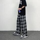Riolio  Hip-hop Wide-leg Summer Straight Tube Black and White Plaid Loose Slim Long Pants for Men and Women Casual Pants