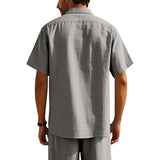 Riolio Summer New Solid Color Linen Men's Shirt Turn-down Collar Short Sleeve Men's Loose Casual Pocket Outdoor Vacation Shirt