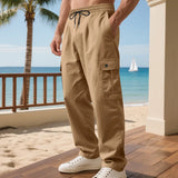 Riolio  Summer Men Straight‑Leg Cargo Pants Light‑Weight Fabric Daily Wear Elastic Waist Multi‑Pocket Outdoor Casual Trousers