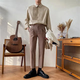 Riolio  France England Style Men Shirts New Autumn Solid Lapel Button Pleated Korean Fashion Chic Business Casual Loose Long Sleeve Tops