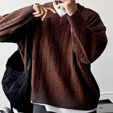 Riolio  New American Retro Men Jacquarded Sweater Casual V Neck Solid Color Long Sleeve Knitwear Premium Quality Knitted Pullovers M-2XL